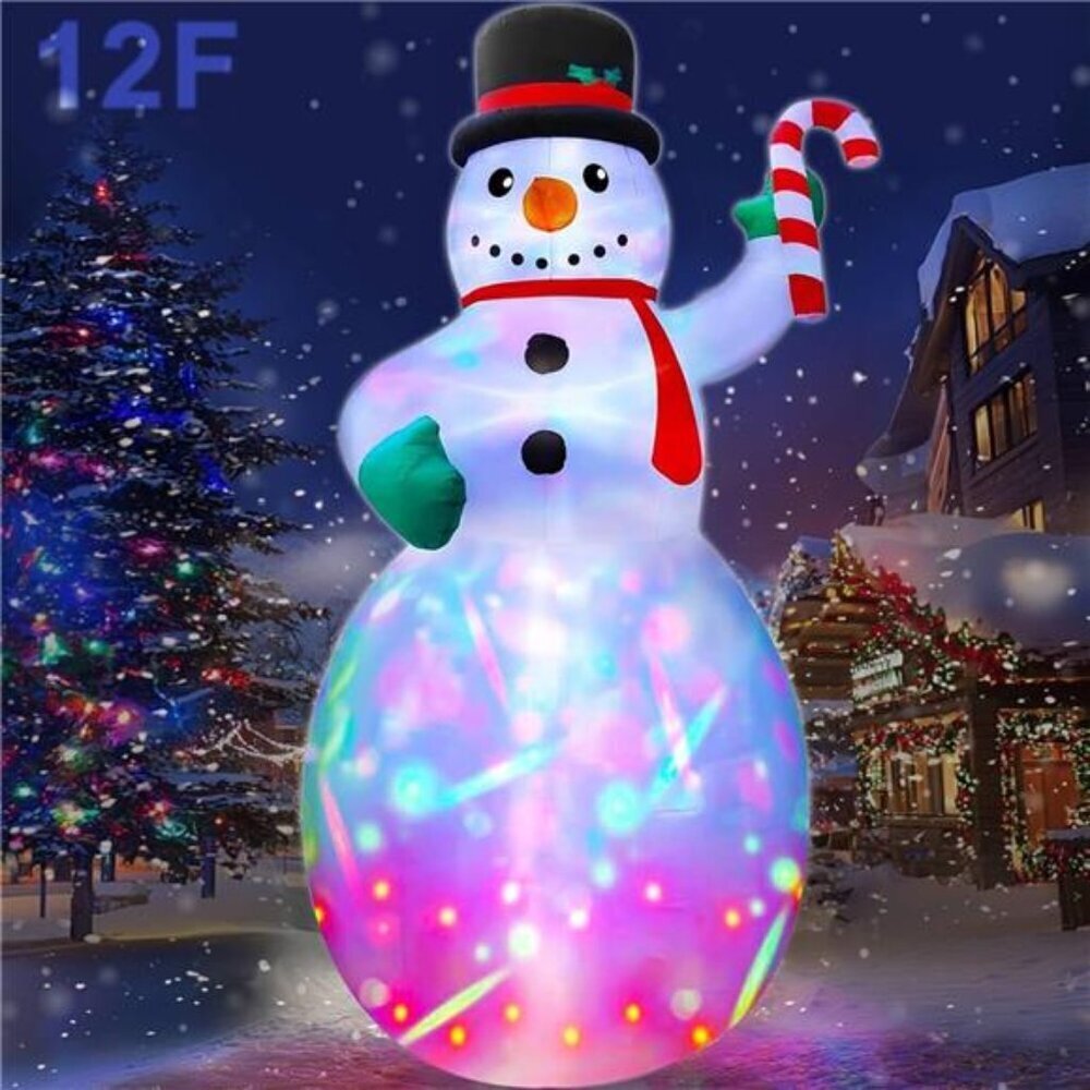 12Ft Giant Christmas Inflatable Snowman Holds Candy Cane Decoration